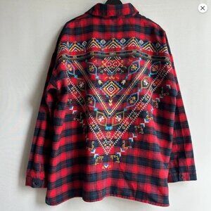 Umgee Red & Navy Plaid Embroidered Flannel Shirt